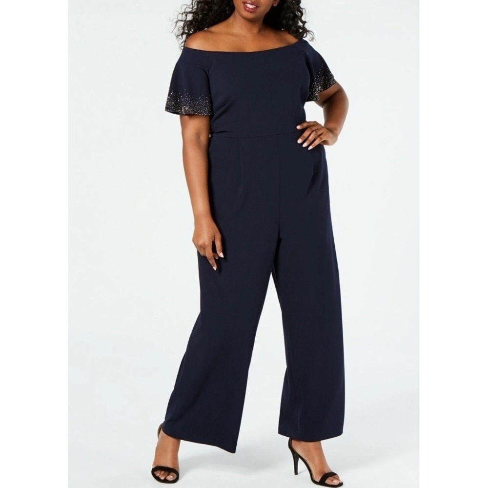 Calvin Klein PLUS SIZE NAVY flutter sleeves off shoulders jumpsuit size 20W NWT